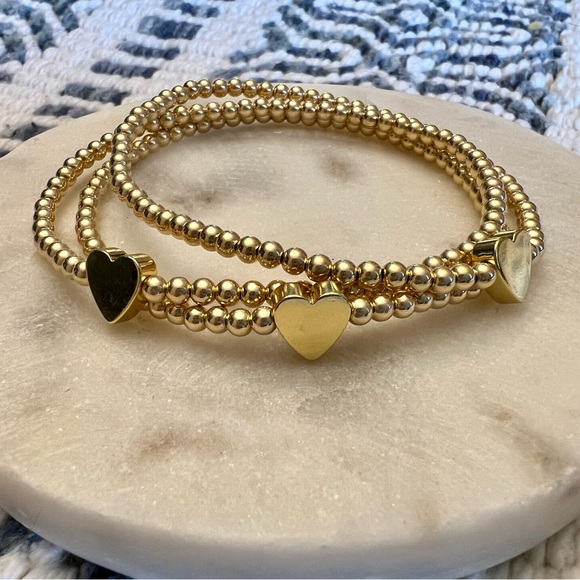 Set of 3 14k Gold Filled Bead Bracelets: Two 2mm & One 3mm w/Heart Charm - Picture 5 of 8